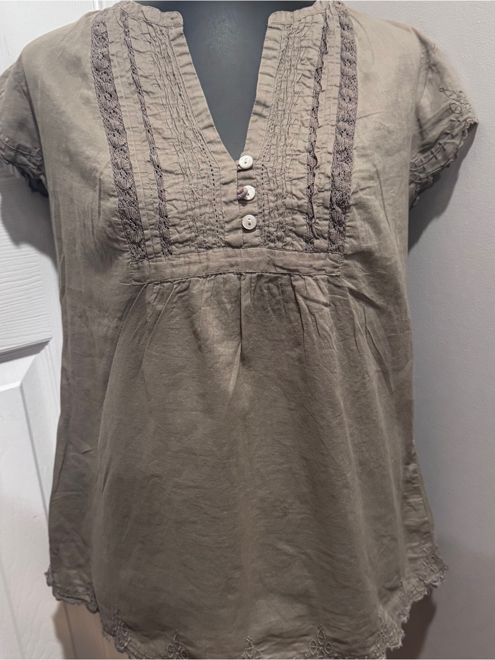 Converse One Star Khaki Cotton Lace Trim Peasant Blouse Top Large Boho Cottage